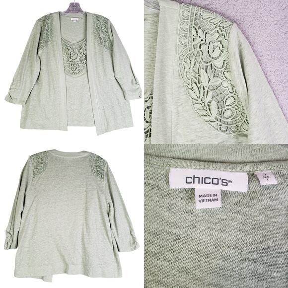 Chico's Sweaters - Chicos Cardigan Top Lace Linen Open Sweater Women’s Size 2 US Large L Green